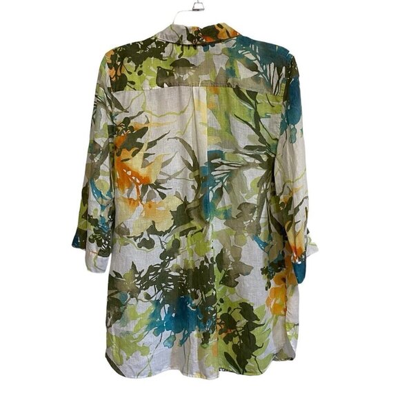 Chico's Size 12 Tropical Print Linen Button Front Blouse No Iron  3/4 Sleeves - Picture 2 of 5